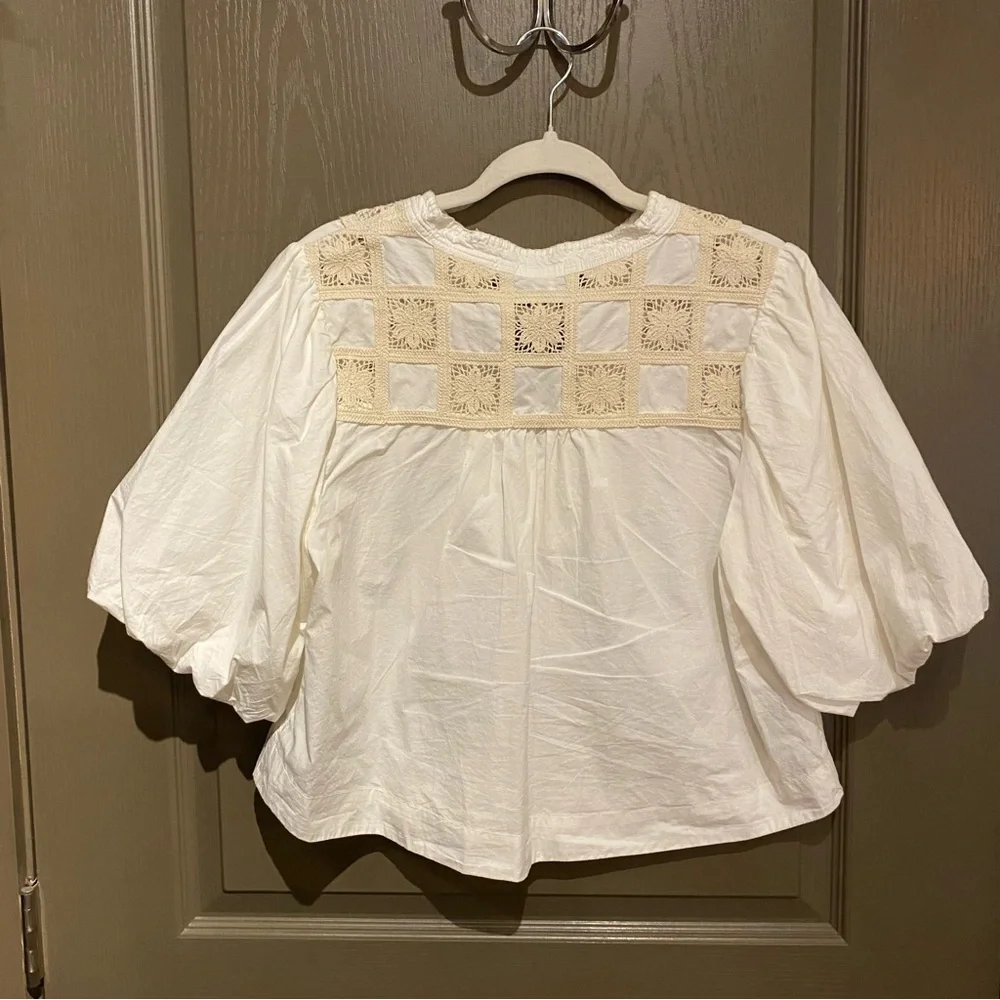 By Anthropologie Puff-Sleeve Crochet Blouse Color: White